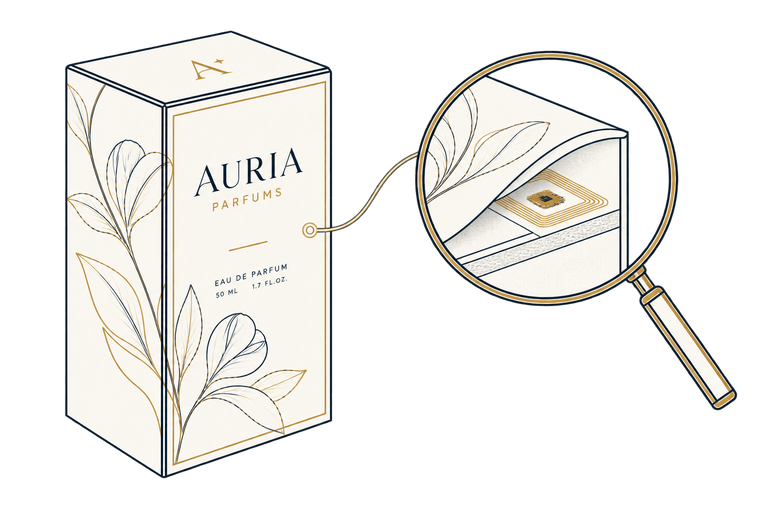 A perfume carton with a magnifier over it, showing a small chip set into the card.