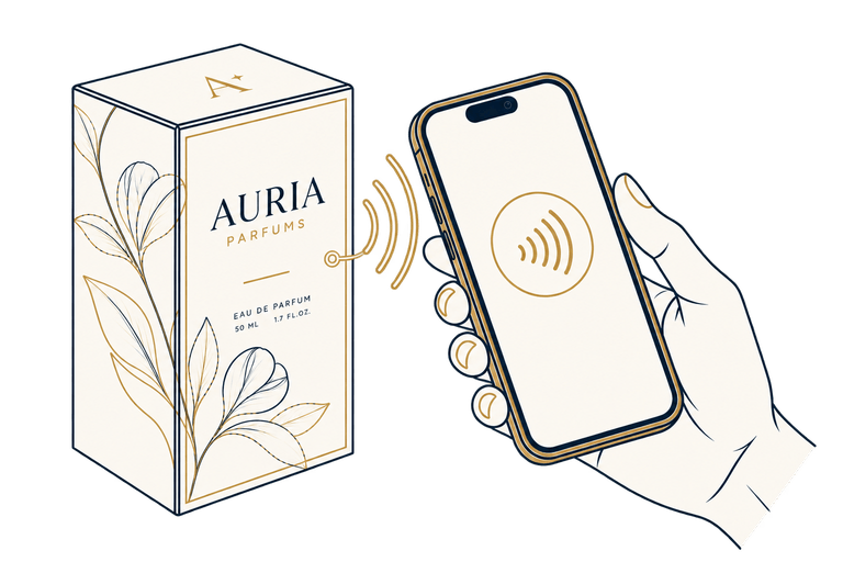 A phone held against a perfume carton.
